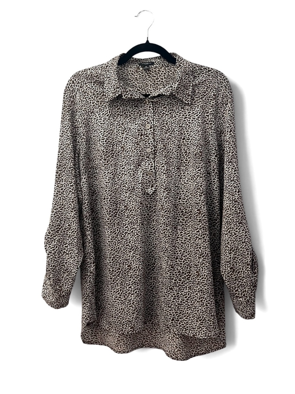 Ann Taylor Brown & White Micro Animal Print Long Sleeve Tunic Blouse Size 10